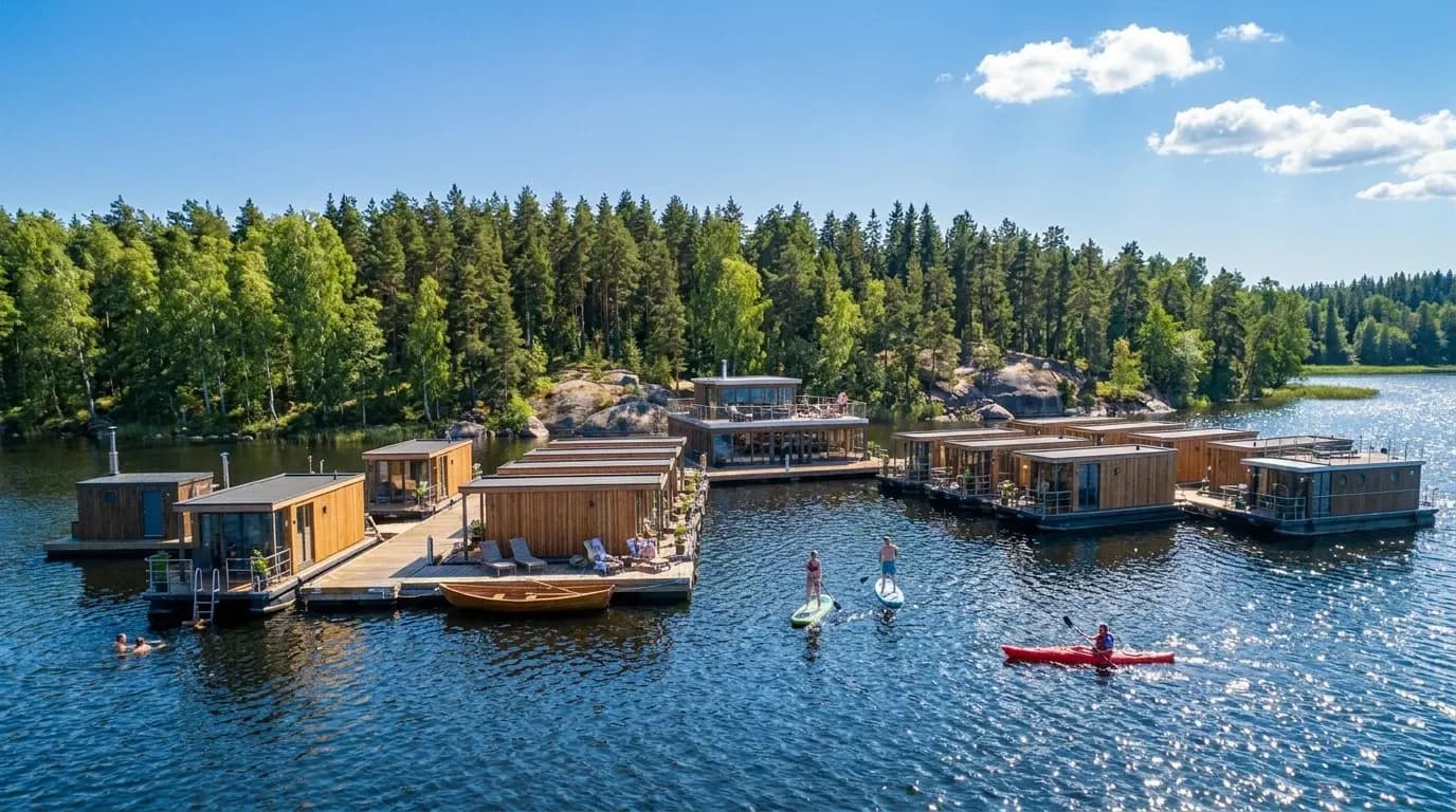 Schwimmendes Dorf aus Holzvillen um einen zentralen Pavillon auf einem finnischen See im Sommer