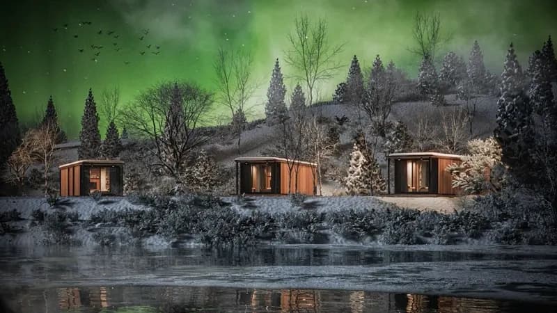 Three Nordic Villas by a frozen lake under the northern lights