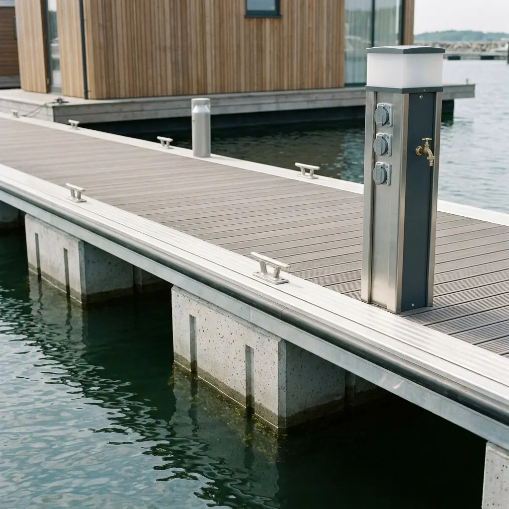 Aluminiumponton auf Betonschwimmkörpern mit Versorgungssäule
