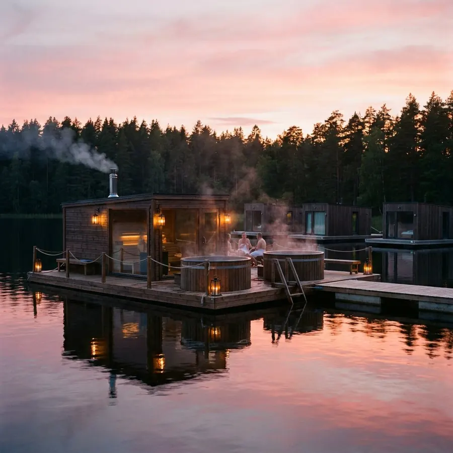 Saunafloß mit Hot Tubs bei Sonnenuntergang