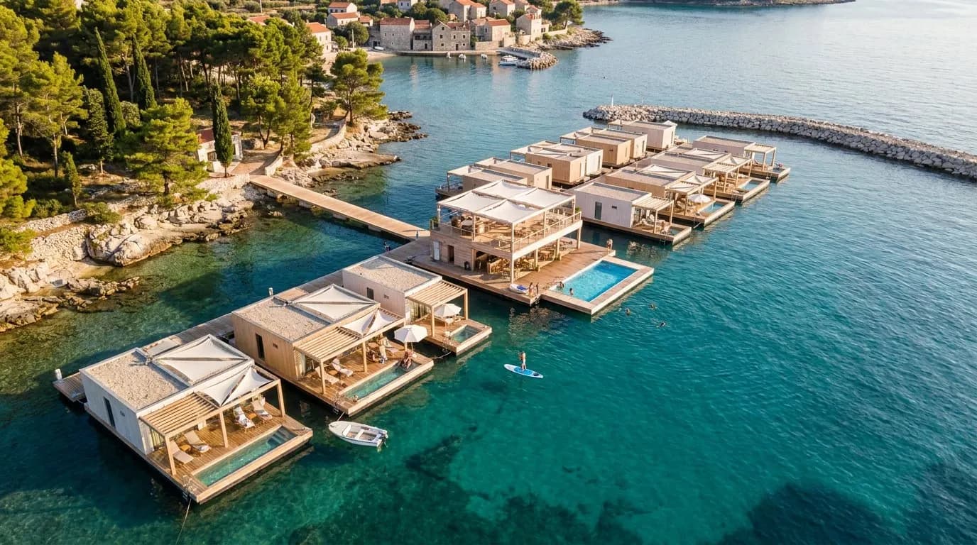 Schwimmende Villen mit Pergolen und einem Poolfloß in einer türkisfarbenen Adriabucht