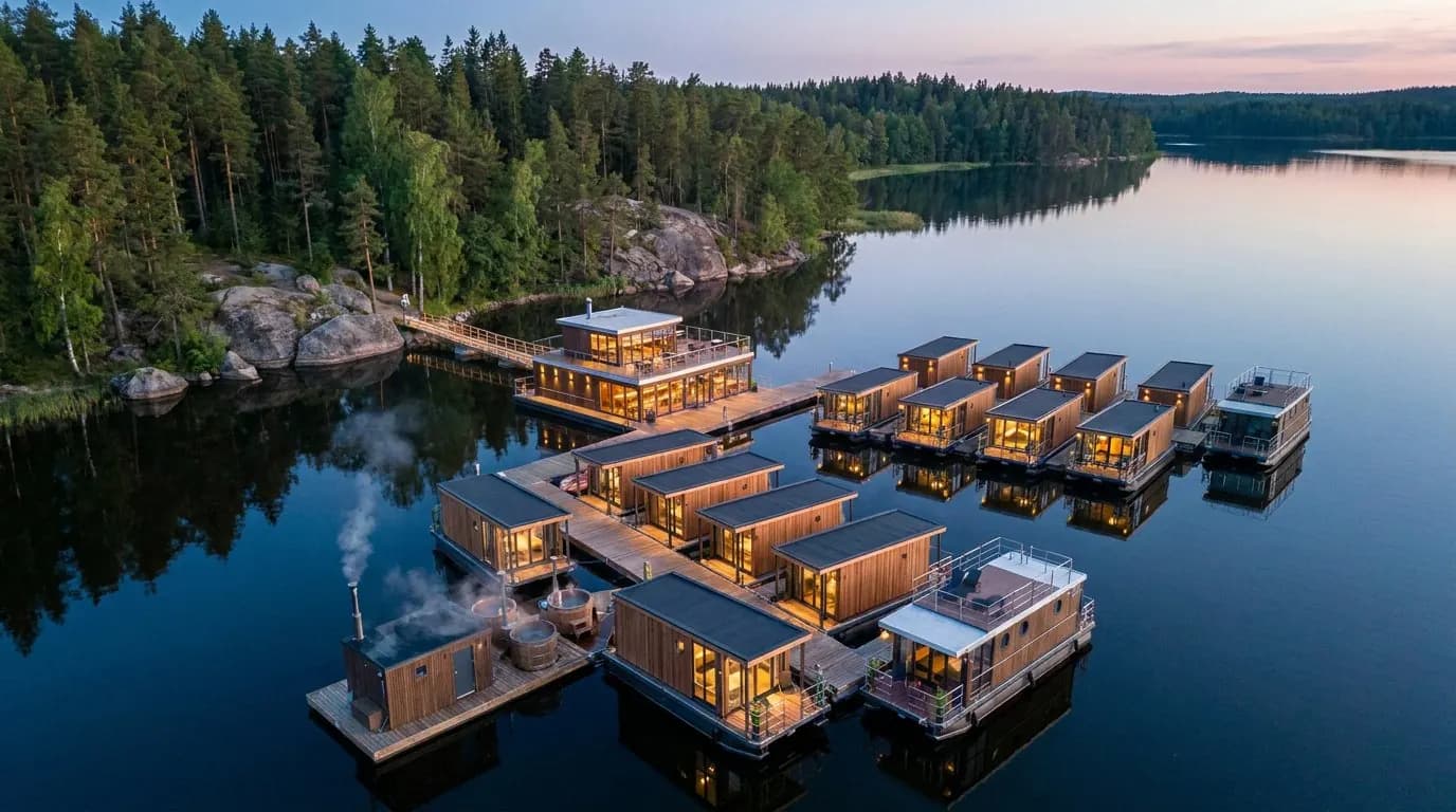 Schwimmendes Dorf aus Holzvillen um einen zentralen Pavillon auf einem finnischen See im Sommer