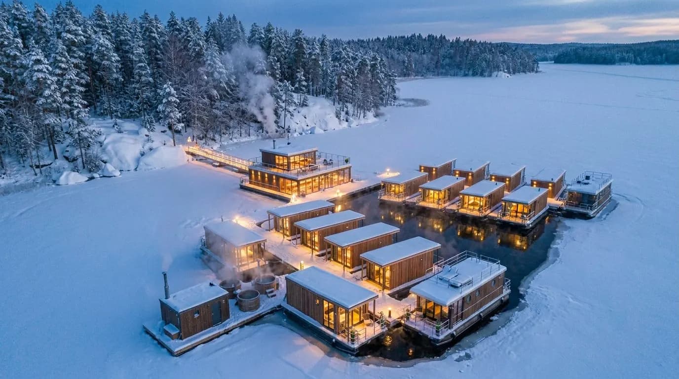 Das Dorf im Winter mit eisfreiem Wasser rund um die Einheiten